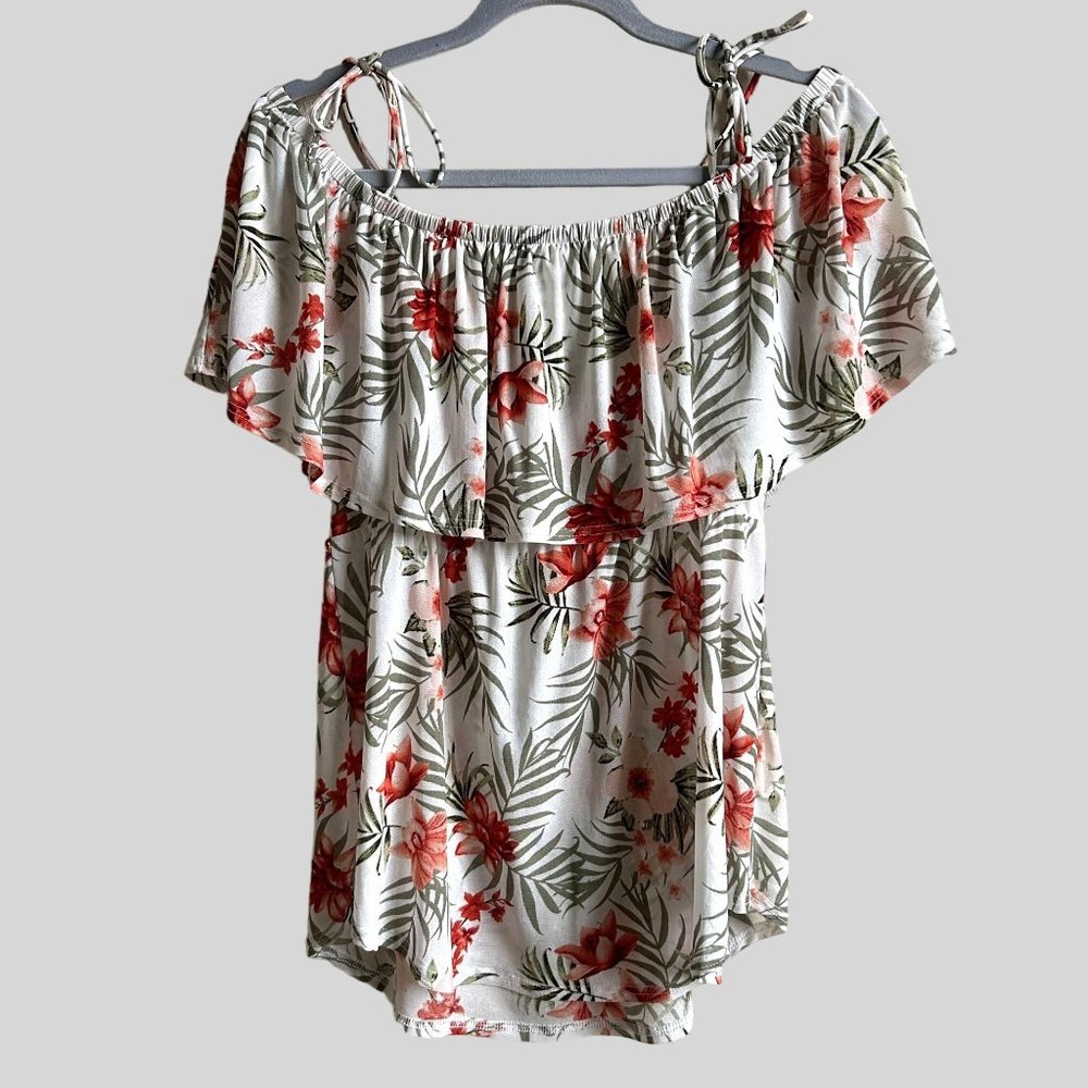 Siren Lily Maternity Blouse Top Off Shoulder Floral Sheer Ruffled Neckline‎ Sz M